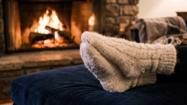 Feet in white wool cable knit socks resting on a blue ottoman before a warm, glowing fireplace.