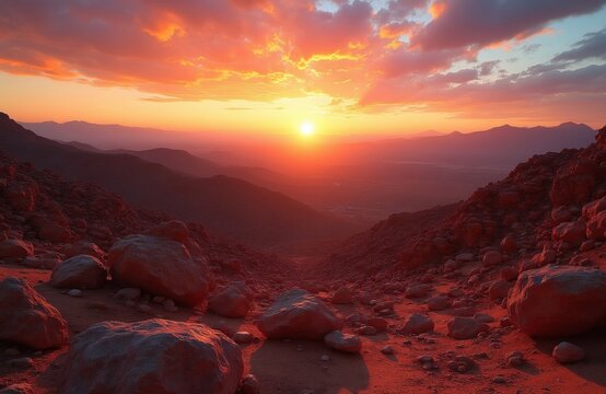 Sunrise over rocky desert landscape with distant mountains. Golden sun appears on horizon, casting warm light over arid terrain and red clouds. Nature beauty unfolds in wildness.