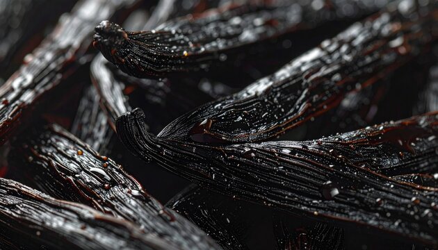 Close-up of dried, glistening, black vanilla beans, textured and wet
