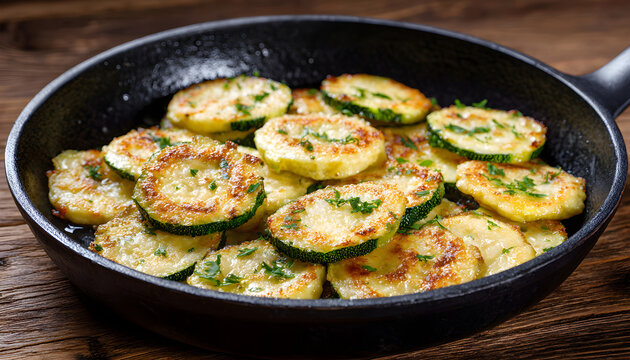 Fried Slices Of Zucchini In A Pan. closeup
