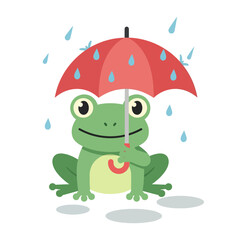 Obraz premium Cute cartoon frog holding a vibrant red umbrella, smiling happily in the gentle rain. Adorable amphibian character enjoying a pleasant rainy day illustration.