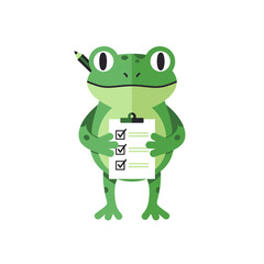 Fototapeta premium Cute green cartoon frog holding a clipboard with a checklist and a pencil. Flat vector illustration for task management, planning, and organization concepts.