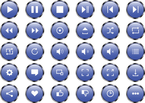 Blue media player control buttons with playback icons, modern user interface illustration