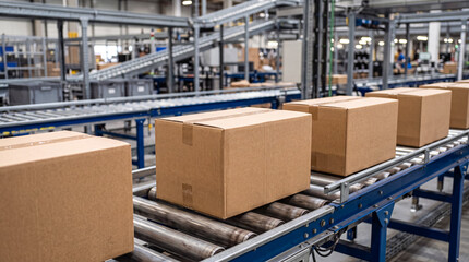 Cardboard boxes moving on a conveyor belt in a warehouse 02 © AVA
