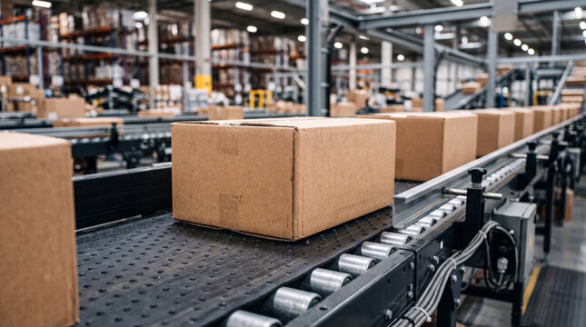Cardboard boxes moving on a conveyor belt in a warehouse