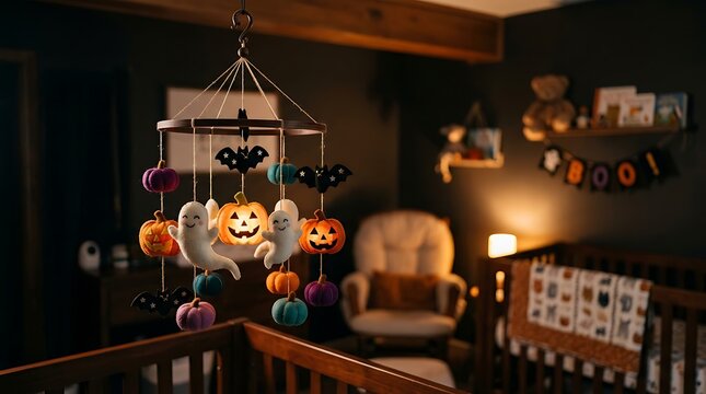 Baby crib mobile with halloween decoration hanging over wooden cot in cozy nursery room background