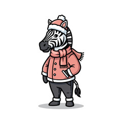 Fototapeta premium Adorable cartoon zebra character wearing a cozy pink winter hat, scarf, and jacket, standing isolated on white. Perfect for winter, holiday, and children's projects.