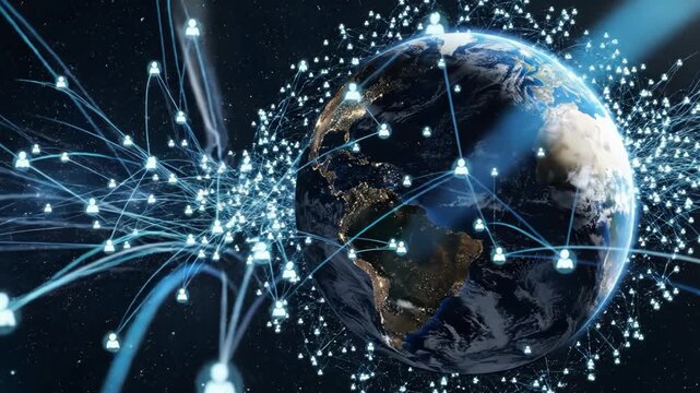 Global communication network with glowing people icons connecting around planet Earth in space