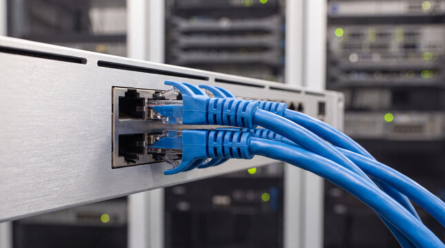 Network switch ports with blue ethernet cables in a server rack