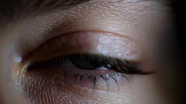 Extreme close up of a vibrant blue human eye blinking slowly in the dark with light reflection