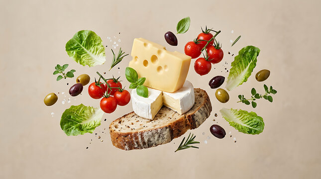 Fresh swiss cheese and creamy brie stacked on rustic sourdough bread surrounded by floating cherry tomatoes lettuce leaves olives and green herbs against light background