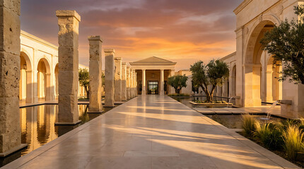 Fototapeta premium Elegant stone colonnade walkway leading to a grand luxury villa courtyard illuminated by the warm golden glow of a vibrant sunset sky during early evening hours