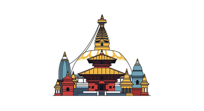Colorful illustration of Pashupatinath Temple and Boudhanath Stupa in Kathmandu Nepal.