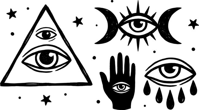 Mystical and Esoteric Silhouette Vector Asset Pack Featuring All Seeing Eye Pyramid Triple Moon Hamsa Hand and Crying Tears Line Art Icons