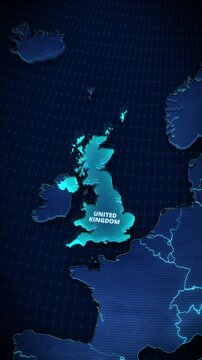 Vertical 3D digital map highlighting the United Kingdom in bright blue. High-tech cyber aesthetic with grid textures, optimized for short-form social media, mobile app promos, and portrait screens.

