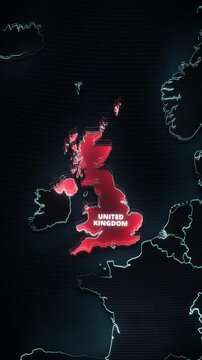 Vertical 3D digital map of Europe highlighting the United Kingdom in glowing red. Modern high-tech broadcast graphic optimized for mobile news alerts, short-form video, and smartphone screens.

