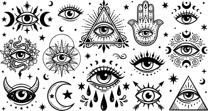 Mystical Celestial Eye Line Art Icon Set Featuring Pyramid of Providence Triple Moon Hamsa Hand Snake Horns and Starry Alchemy Vector Designs