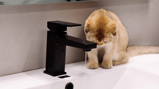Playful Scottish Fold golden chinchilla kitten reaching toward sink tap with fascination and natural curiosity indoors, 4k