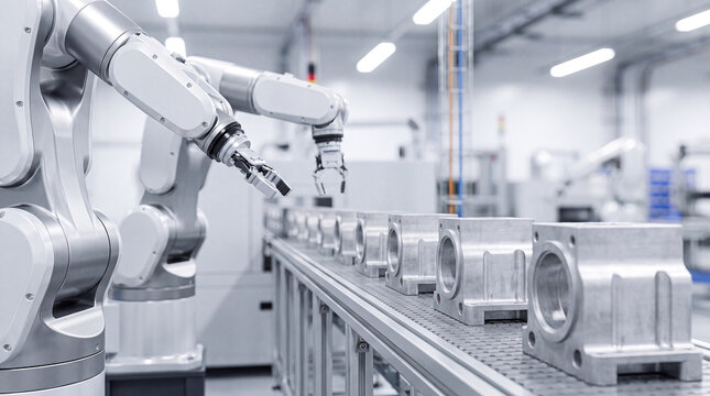 Automated robotic arms working on assembly line in factory