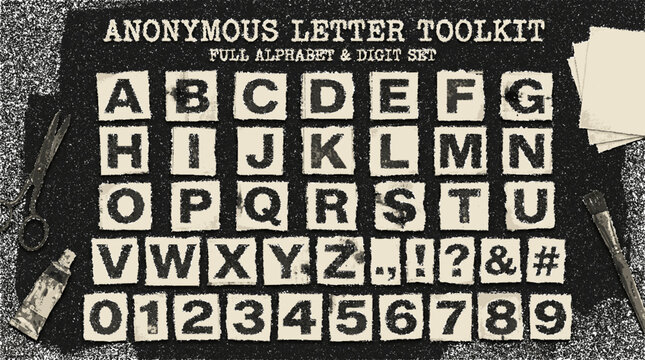 Anonymous ransom note alphabet toolkit with cutout paper letters