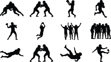American Football Players Silhouettes Set with Athletes Catching Passing Tackling and Celebrating © IconicCreations