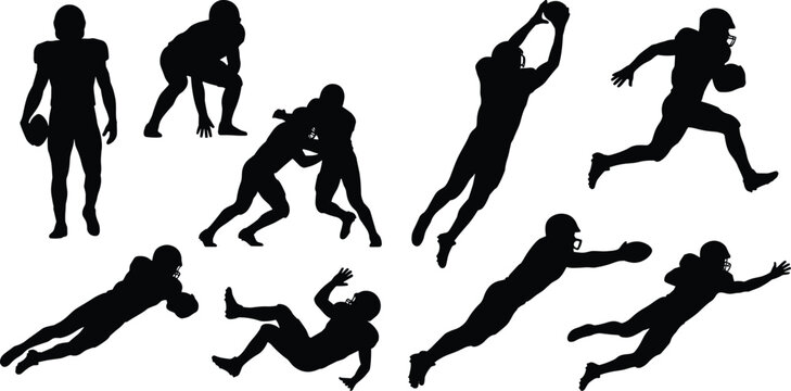 American Football Players Silhouettes Set Featuring Athletes Running Tackling Catching and Diving Action