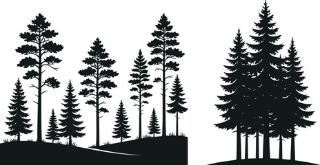 Pine and Fir Tree Forest Silhouettes Collection Coniferous Landscape Isolated on White Background © IconicCreations