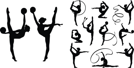 Rhythmic Gymnastics Silhouette Collection of Female Athletes with Ribbon Hoop Ball and Clubs © IconicCreations