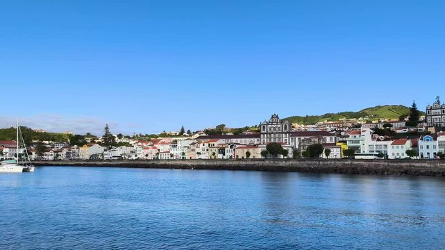 Azores, Portugal. Passenger ferry crossing the Atlantic Ocean from Faial to Pico Island with scenic coastal views and the beautiful volcanic landscape of the Azores.