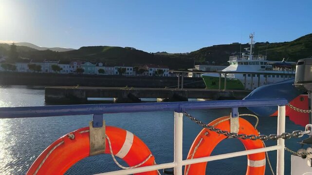 Azores, Portugal. Passenger ferry crossing the Atlantic Ocean from Faial to Pico Island with scenic coastal views and the beautiful volcanic landscape of the Azores.