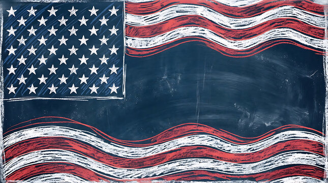 Vintage American flag chalkboard illustration, patriotic USA background with hand-drawn chalk texture, rustic United States flag banner
