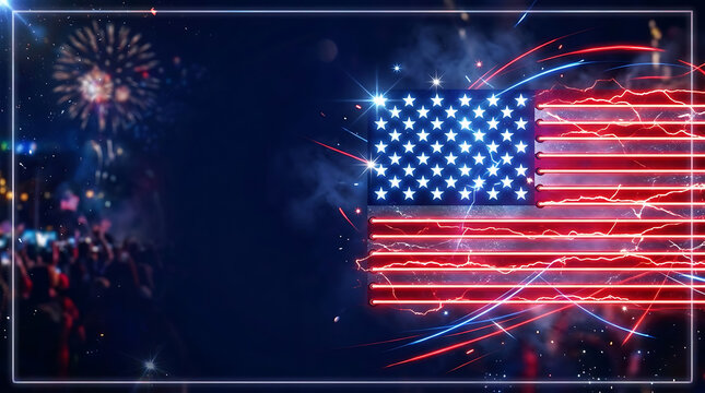 Patriotic American flag with neon light effects, glowing USA flag illustration with fireworks, Fourth of July celebration background with copy space