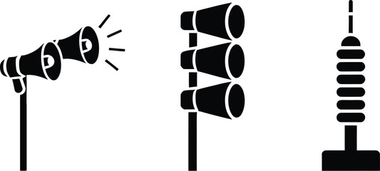 Megaphone and signpost icons black silhouettes on checkered background for communication and direction signage design, vector, designs. © Kayla Quentin