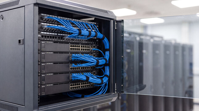 Network server rack with organized blue ethernet cables