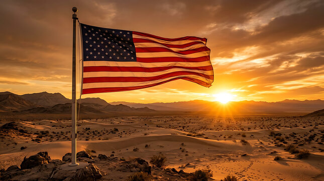 American flag waving in desert landscape at sunset, patriotic United States flag on flagpole, dramatic mountain horizon with golden hour sun