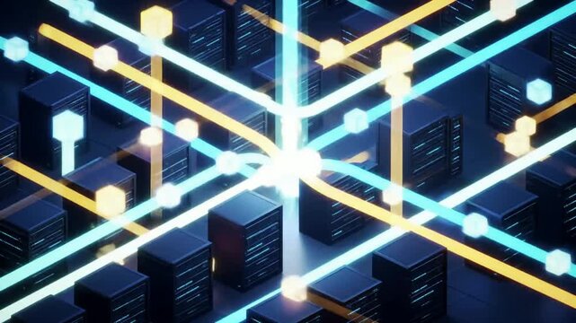 Abstract 3D Isometric Representation Of Cloud AI Infrastructure Showcasing Interconnected Server Structures And Dynamic Data Pathways