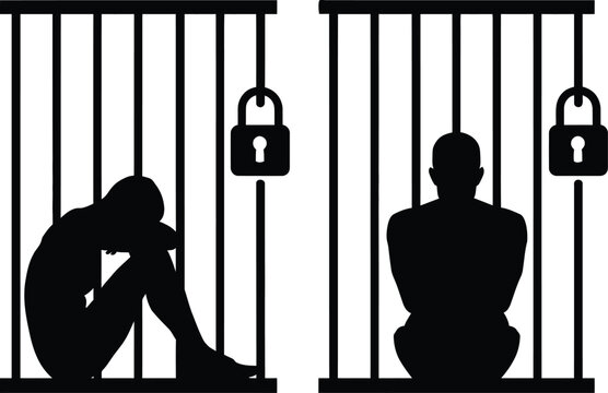 Prison cell illustration with locked padlocks, generic incarceration confinement and justice concept in flat vector style.