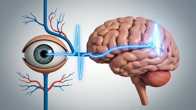 Detailed Visual Pathway Animation for Patient Education on Eye to Brain Connection with Neural Pathways and Heartbeat Graphic