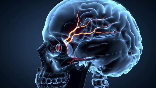 Dramatic Medical Visualization of a Translucent Human Skull Highlighting Eye and Brain Anatomy with Vascular Pathways in 4K