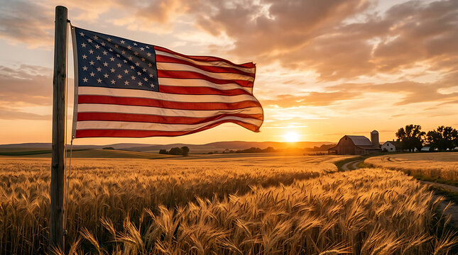 American flag waving over golden wheat field at sunset, patriotic rural landscape with farm barn, United States flag in countryside