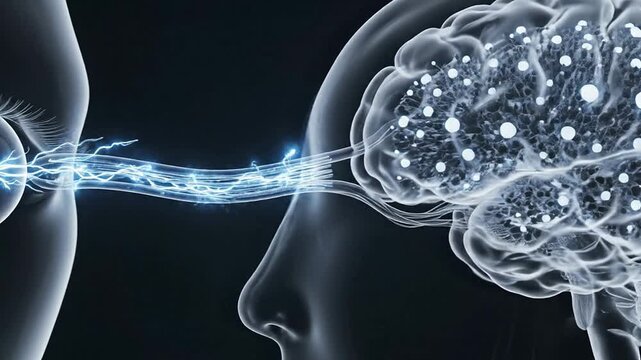 Educational Rendering of the Eye-Brain Visual System With Electric Impulses Illustrating Connection Between Eye and Brain