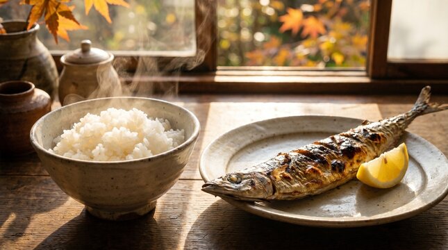 Grilled pacific saury and rice