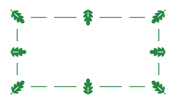 A decorative rectangular frame design consisting of stylized green oak leaves and minimalist line segments arranged in a symmetrical pattern on a clean isolated white background