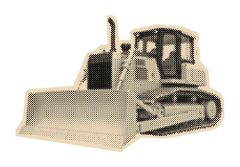 Heavy bulldozer tractor for construction work, shown in a retro pop art halftone illustration style © Mr. Stocker