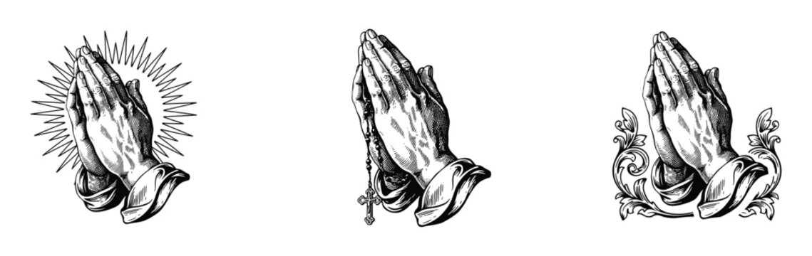 Set of vintage style woodcut illustrations featuring praying hands with different religious symbols including a sunburst halo a rosary and decorative floral filigree for print designs