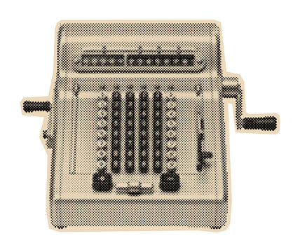 Vintage mechanical calculator or adding machine with a hand crank, rendered in a retro halftone dot illustration style