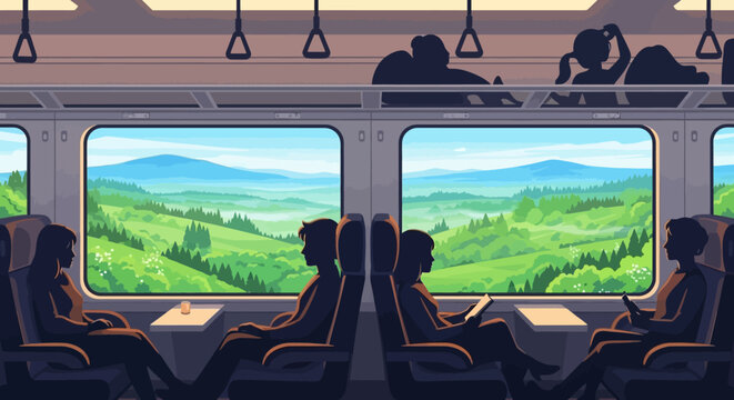 People relaxing inside a train, enjoying the beautiful green landscape and majestic mountains passing by outside the window on a sunny day