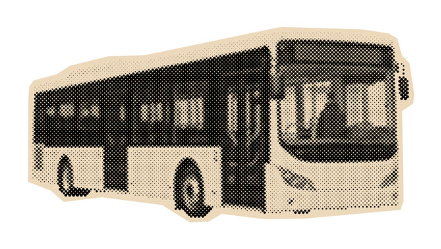 Modern city bus used for public transportation and commuting, rendered as a vintage monochrome halftone dot illustration