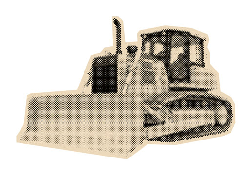 Heavy bulldozer tractor for construction work, shown in a retro pop art halftone illustration style