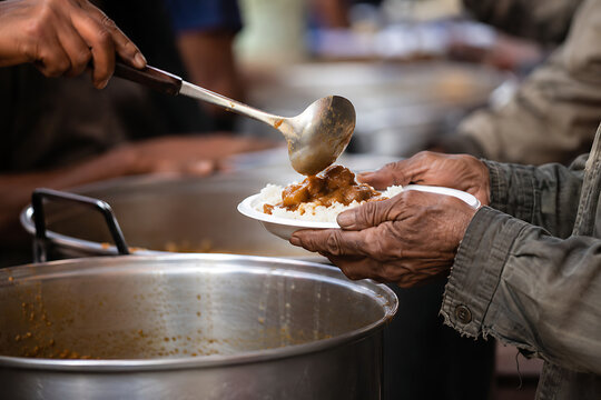 Charity food distribution for homeless people, volunteer serving hot meal to hungry person, humanitarian aid and community support concept isolated on White Background ai